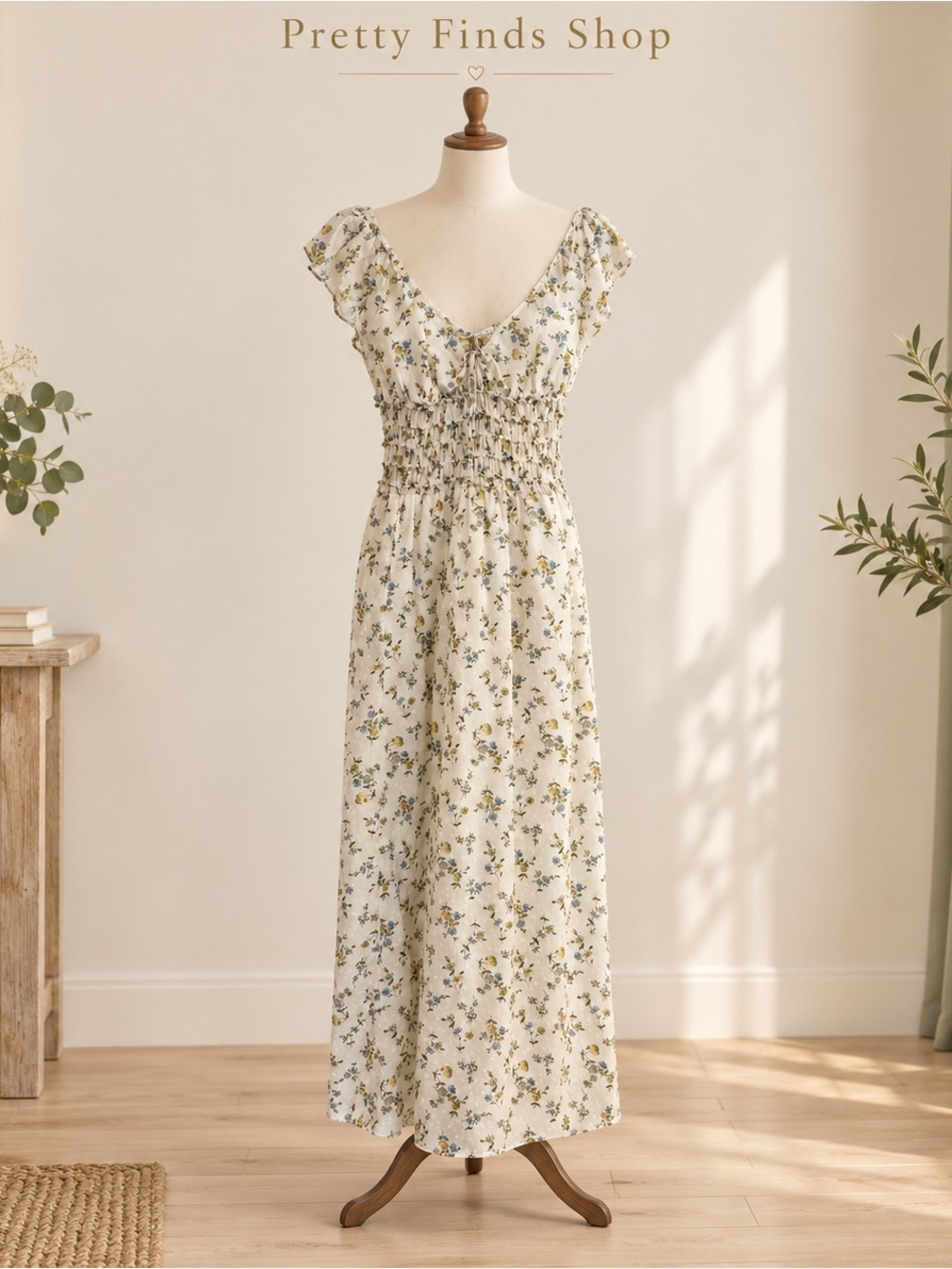 Floral Ruffled Smocked Maxi Dress - Cream